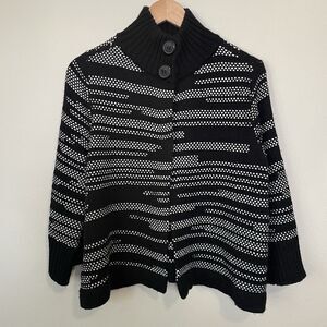 Chicos Cropped Kendra Dot Wool Cardigan Sweater 3/4 Sleeve Black White Sz S